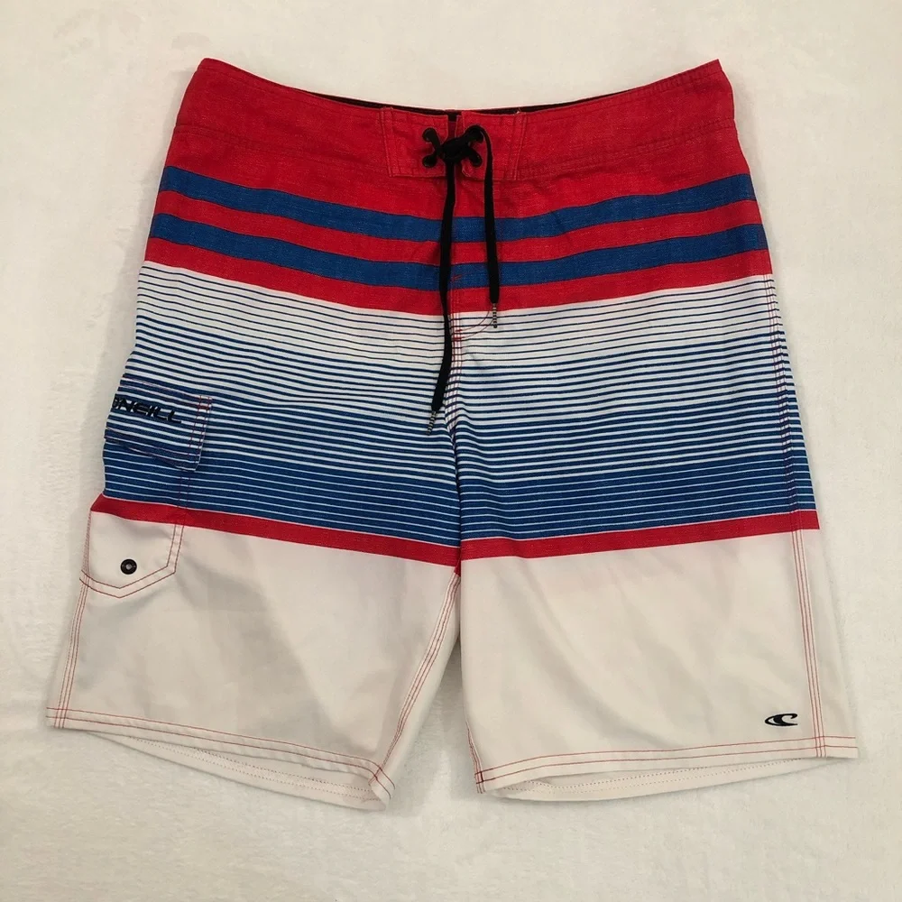 O’Neill Patriotic Red White & Blue Striped Board Shorts Swim Trunk Mens Waist 32